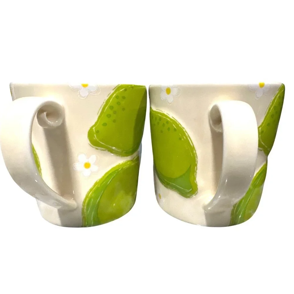 Starbucks Vintage 2006 Green Pear Daisy Ceramic Cup Set Pair Cottage Kitchen Bar - Picture 2 of 7